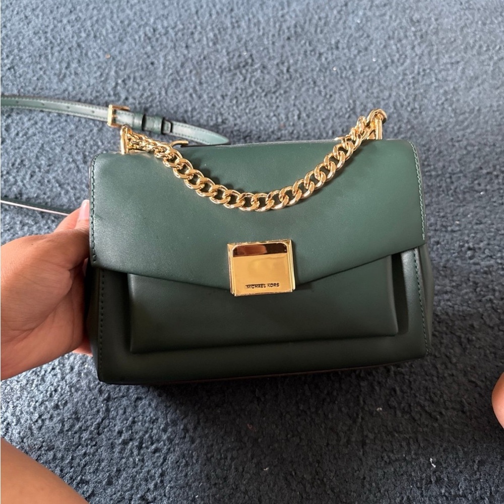 Michael Kors Dark Green Crossbody Bag with Gold Chain